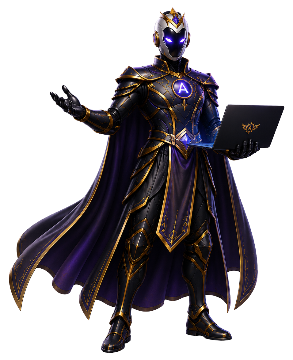 Aureon, the PromoAgent AI campaign strategist, holding a laptop