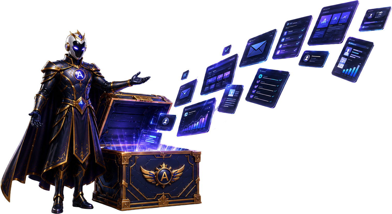 Aureon beside an open PromoAgent bonus chest, with campaign assets rising from it