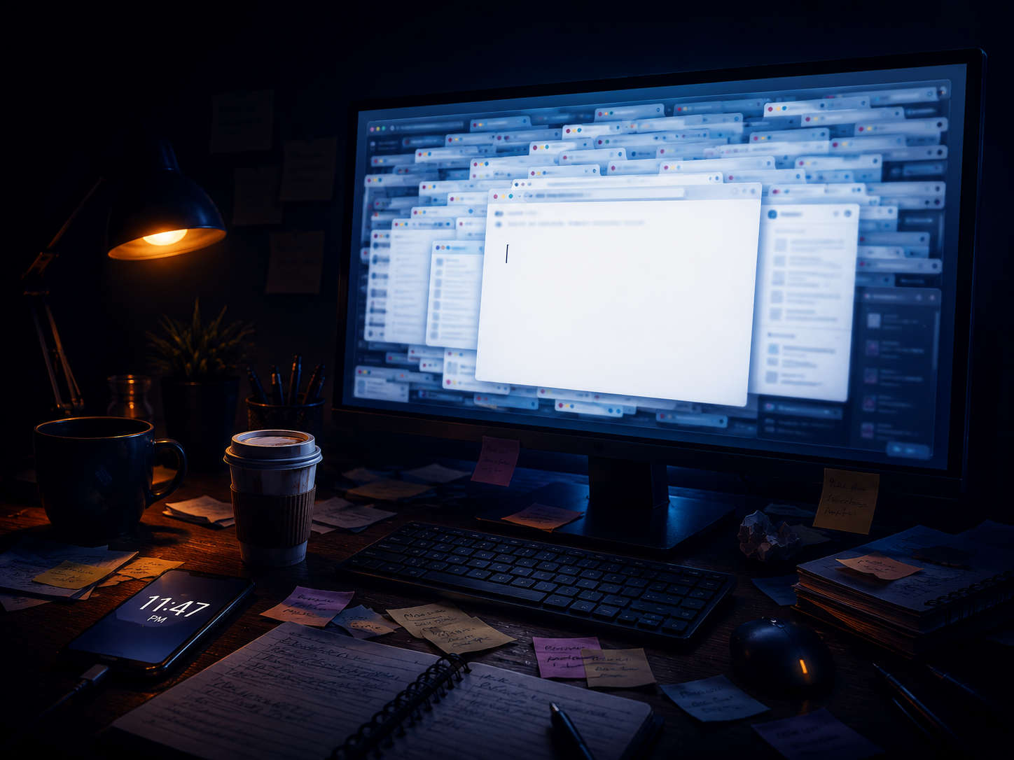 A desk late at night: a screen buried under a dozen open tabs, notes scattered around the keyboard