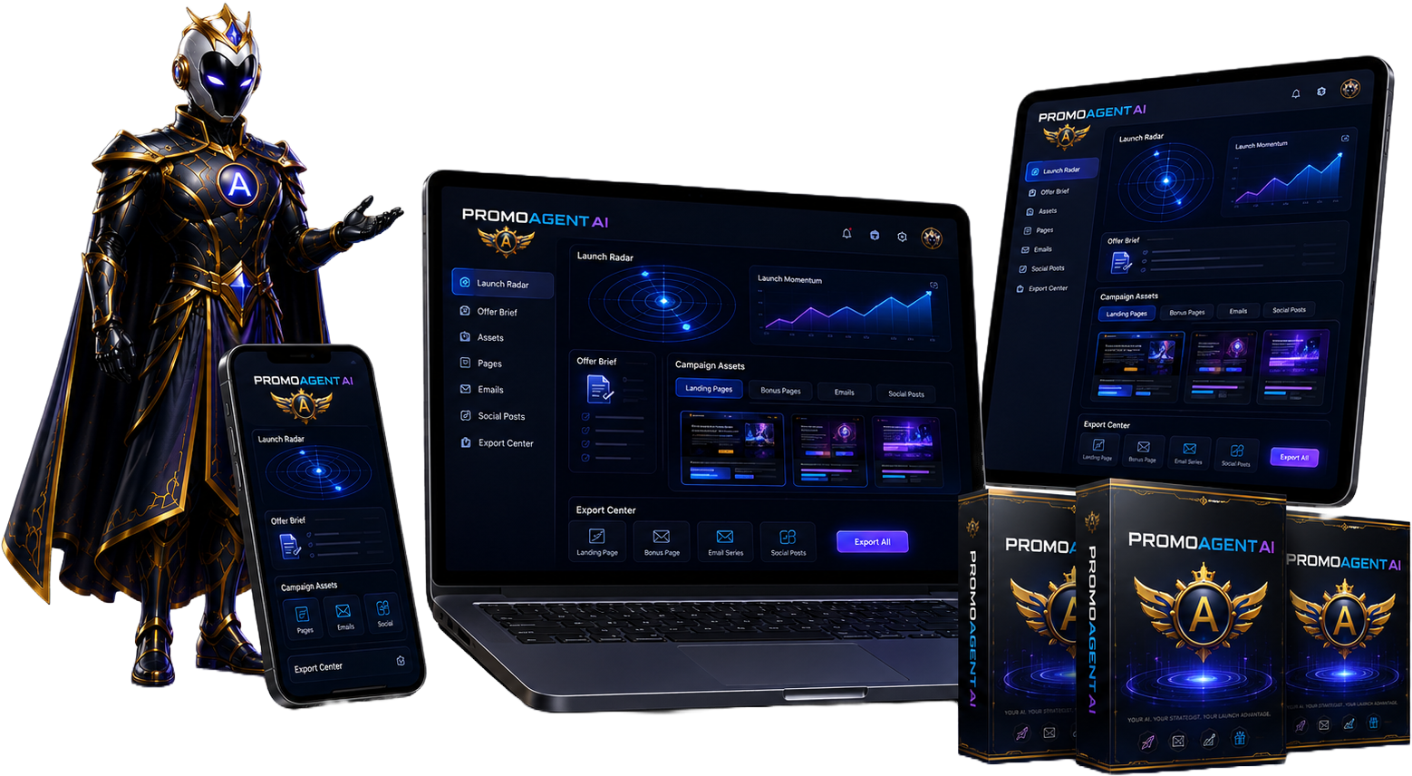 PromoAgent AI running across laptop, tablet and phone — Launch Radar, Offer Brief, campaign assets and the Export Center — with Aureon, the PromoAgent strategist, alongside the product