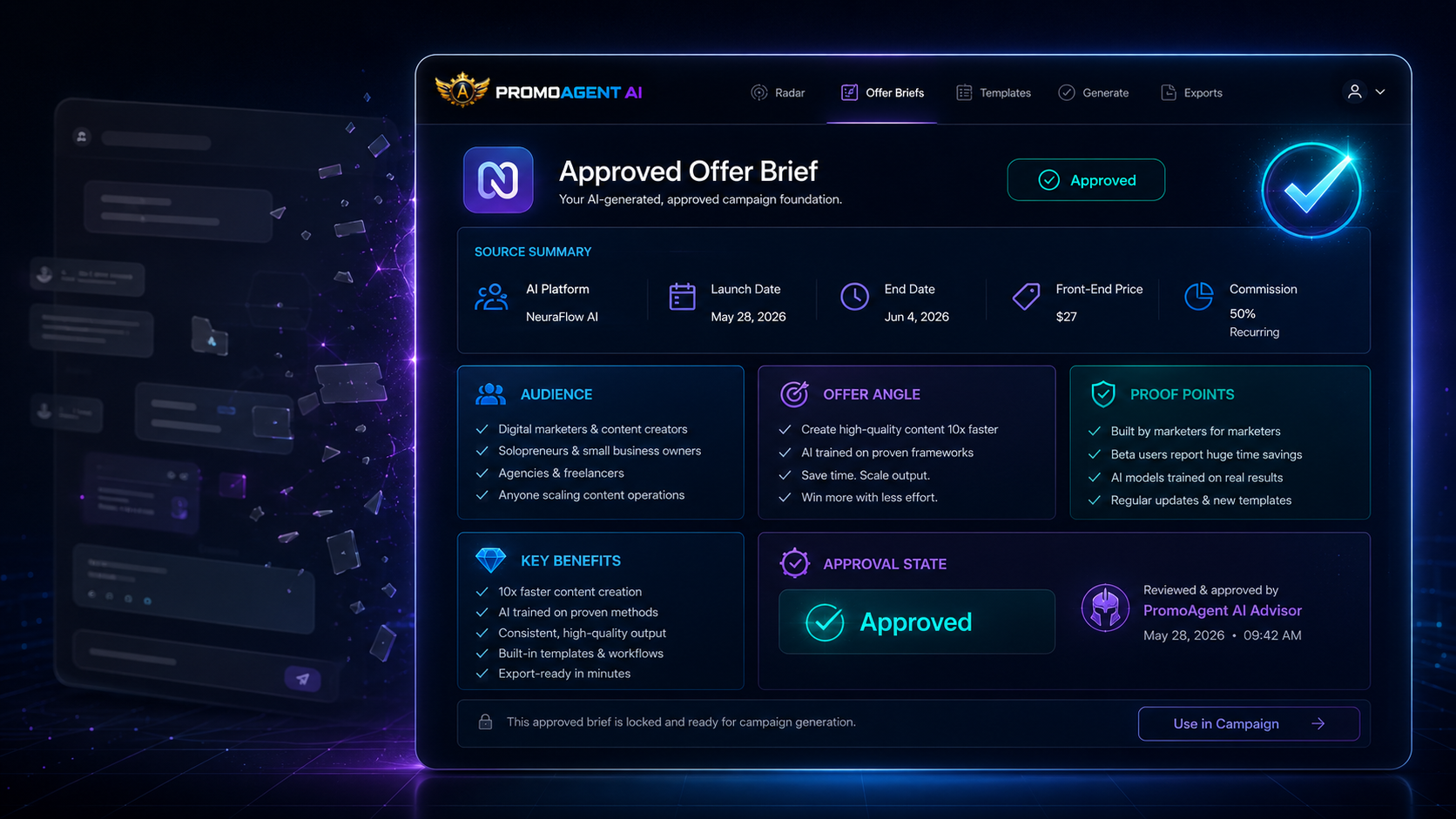 An approved Offer Brief in PromoAgent AI, showing the source summary, audience, offer angle and proof points, reviewed and approved